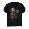European Sizes Gothic Sunflower Skull Graphic  T-Shirt - Unique Black Tee Featuring Artistic Design with Orange Petals and White Skulls,