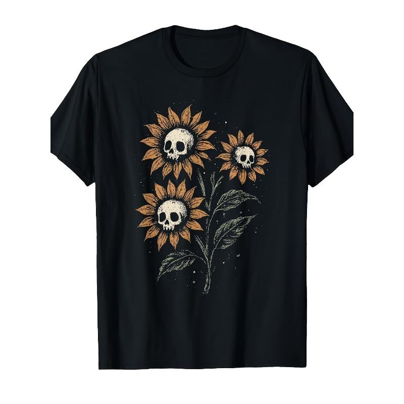 

European sizes Gothic Sunflower Skull Graphic T-Shirt - Unique Black Tee Featuring Artistic Design with Orange Petals and White Skulls, 4XL чорний