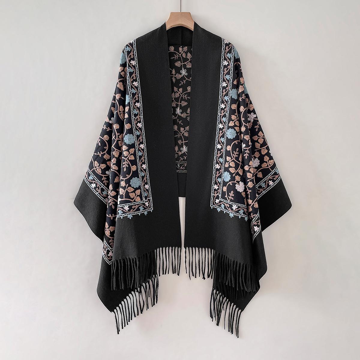 Écharpe en Cachemire Chaud d'Hiver pour Femmes Broderie Pashmina Couverture Châle Épais Enveloppement Foulard Mode Bufanda Écharpe Poncho gray