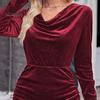 Elegant Cinched Waist Dress Lady Mini V Neck Slim Fit Pleated Long Sleeves Sheath Design Irregular Hem Pure Color Elastic Club Party Fall Spring Short