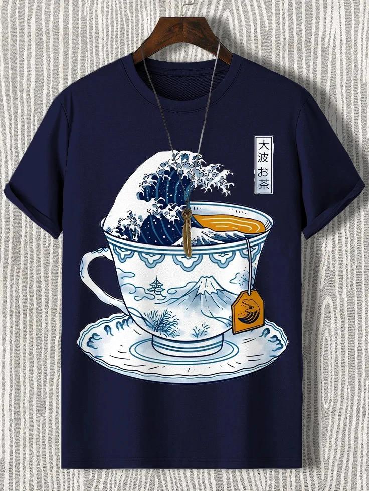 Summer Men's Japanese Teacup Harajuku Pattern Printed 100% Pure Cotton Casual Short-sleeved T-shirt Street Fashion Clothing