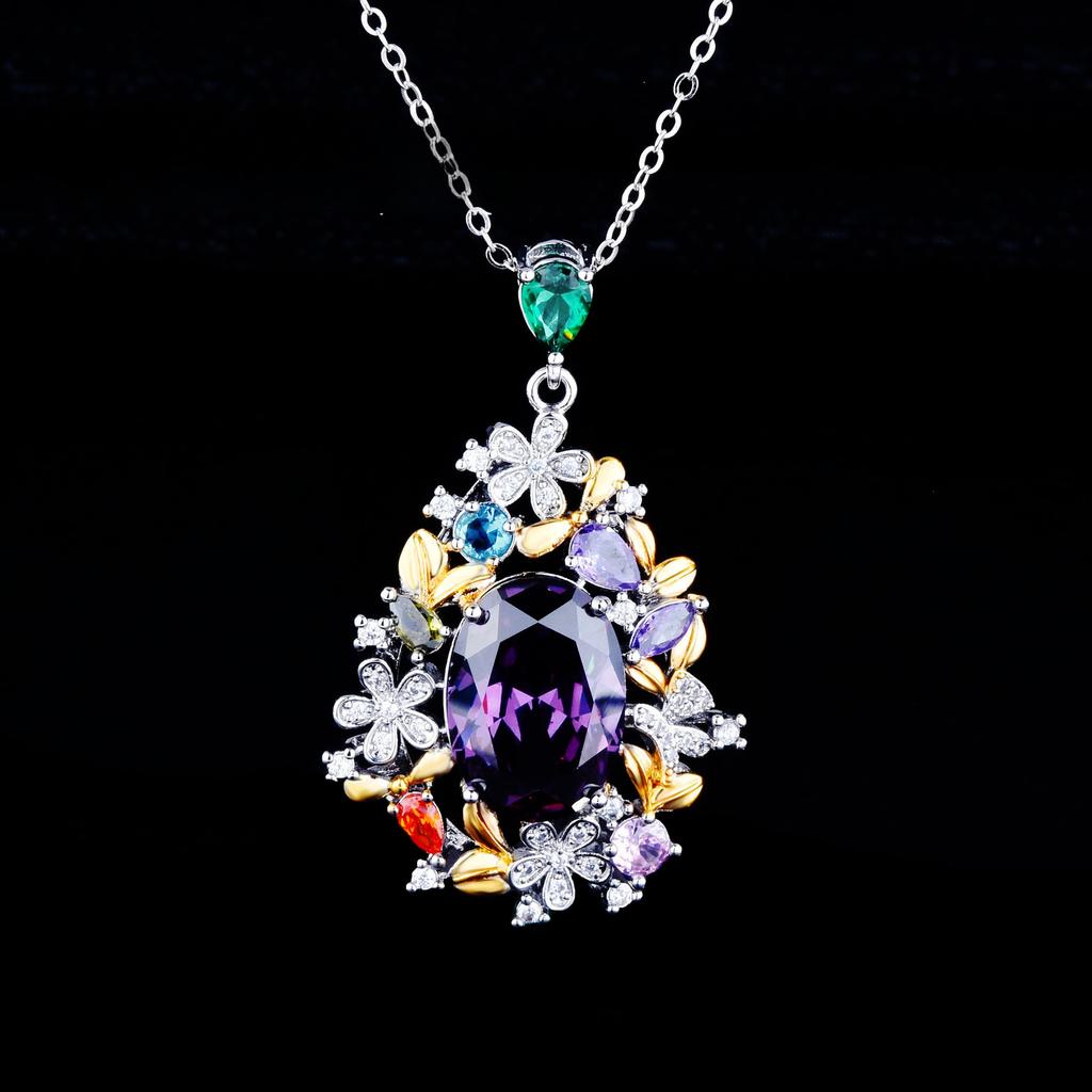 Pingente de jardim secreto artesanal de ouro bicolor italiano, anel de ametista de luxo cheio de diamantes, brincos de flores brilhantes