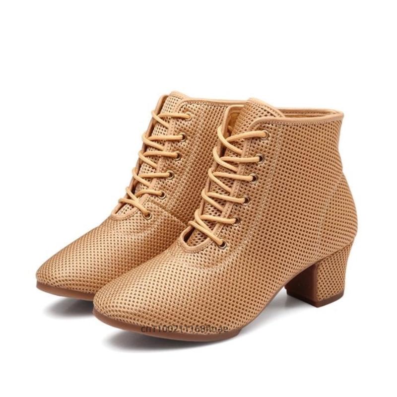 

Женская танцевальная обувь, телесный цвет, высокие ботинки с полностью сетчатым верхом, для современного танца, бальных танцев, с мягкой подошвой, на среднем каблуке 34