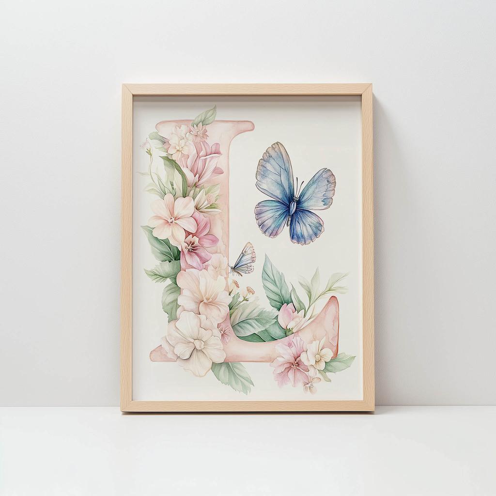 Plakat Literowy "L" Z Kwiatami I Motylem Plakat Literowy "L" Z Kwiatami I Motylem, 70X100 Cm, Rama Drewniana Jasny Dąb, Papier Matowy 230 Gsm