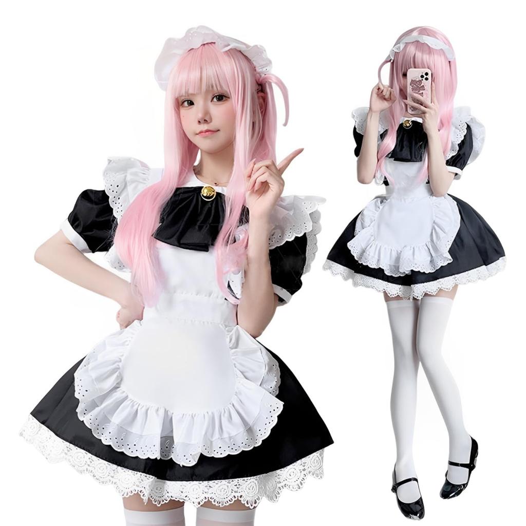 AOTYP Maid Con Cafe Lace Frilly Short Maid Halloween Costume Set for School Otaku XL Costume, Cosplay, Maid, Costume, Women, Cosplay, Events, Parties,