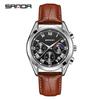 SANDA Men's Luminous Quartz Watch with Moon Phase, Calendar, and Leather Strap - Waterproof Business Casual Design.