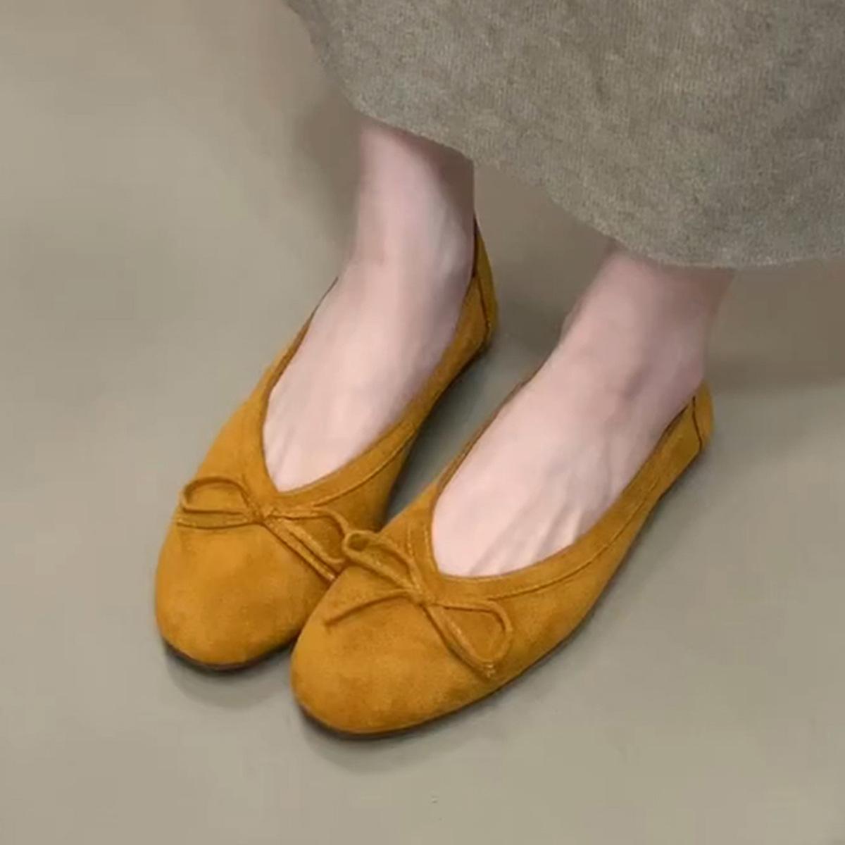 

Версия из овчины~ Французские туфли-лодочки с нежным бантом и открытым вырезом, сказочный стиль с юбкой, красивые балетки на плоской подошве 40 жёлтый