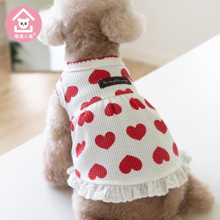 Autumn Winter Love Waffle Tank Top Skirt Dog Dress Home Cute Pet Clothes Teddy Bichons Puppy Clothes Dog Dresses for Small Dogs