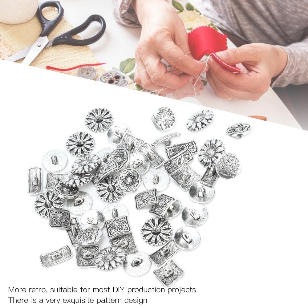 50pcs Antique Silver Flower Buttons Round Shape Engraved Buttons Metal Buttons For DIY Projects