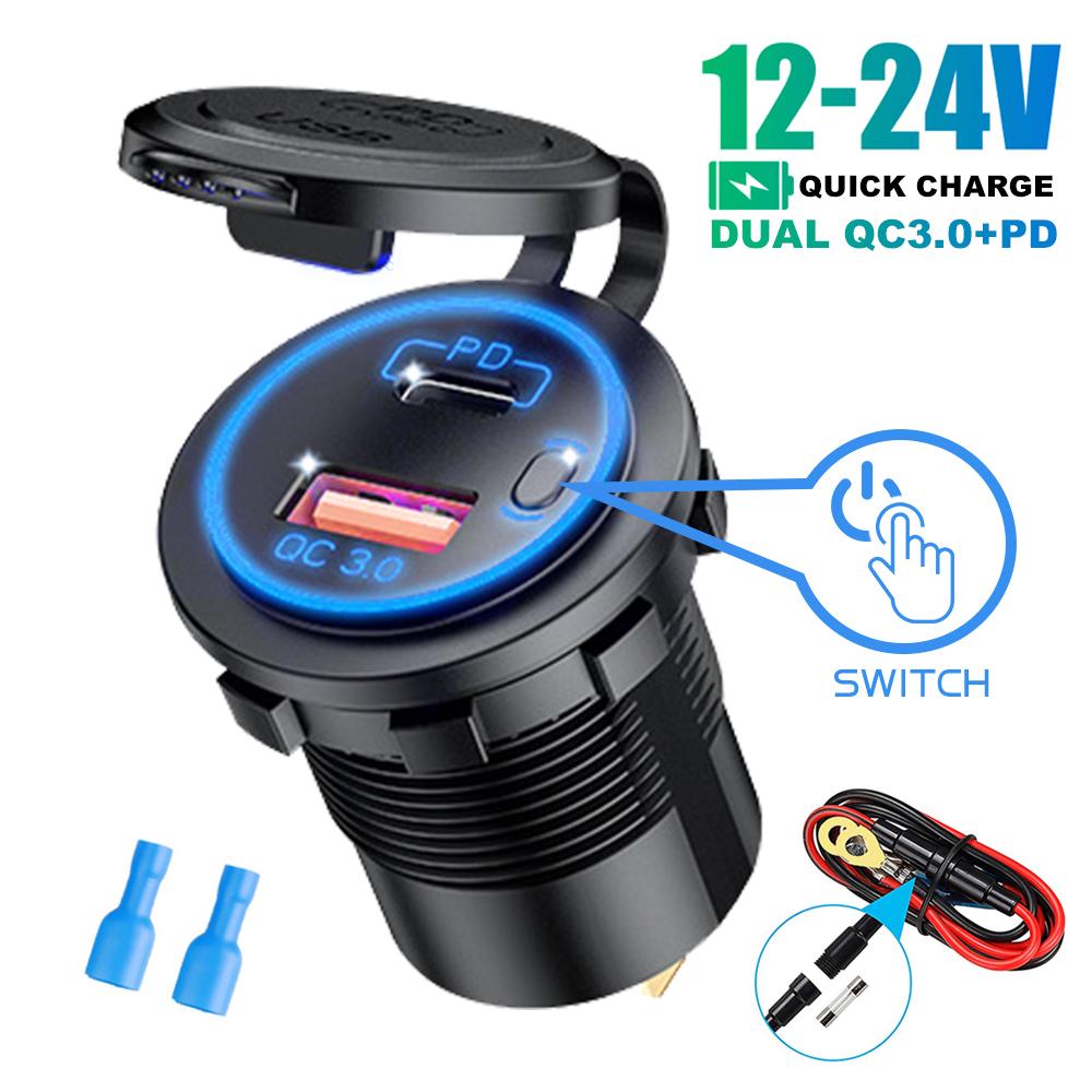 IP65 Waterproof 12-24V Car Charger Socket, PD QC3.0 Dual USB Type C Fast Charging Power Outlet with ON/OFF Switch for Motorcycle, Truck, RV, ATV, Boat