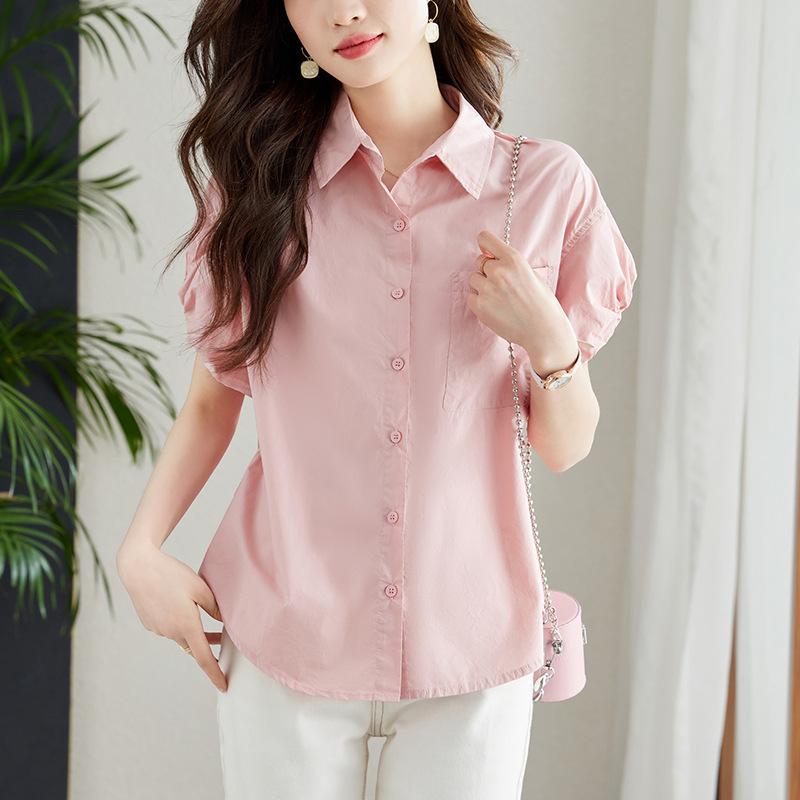 Light Blue Shirt for Women Short-sleeved Summer New Flower Bud Sleeve Top Design Niche Cotton Shirt