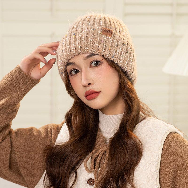 Small leather label dot knitted warm hat women's winter pullover ear protection cycling hat outdoor knitted straight hat