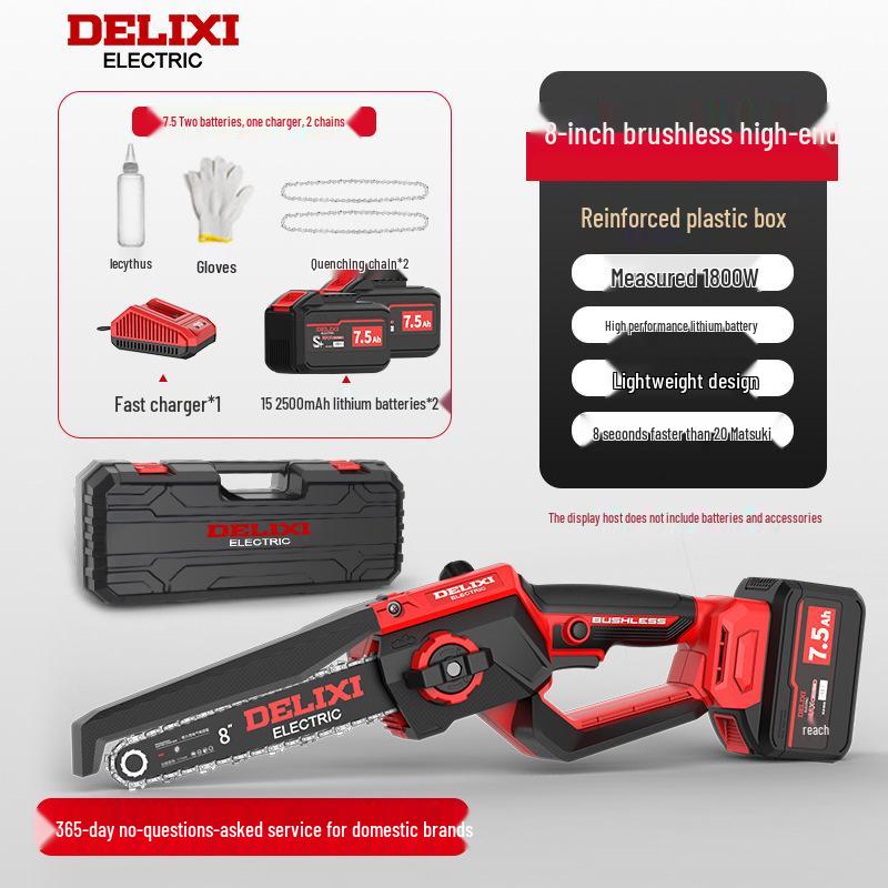 Delixi Cordless Brushless Electric Chainsaw: High-Power, Handheld Lithium Battery Saw for Home Tree Cutting.