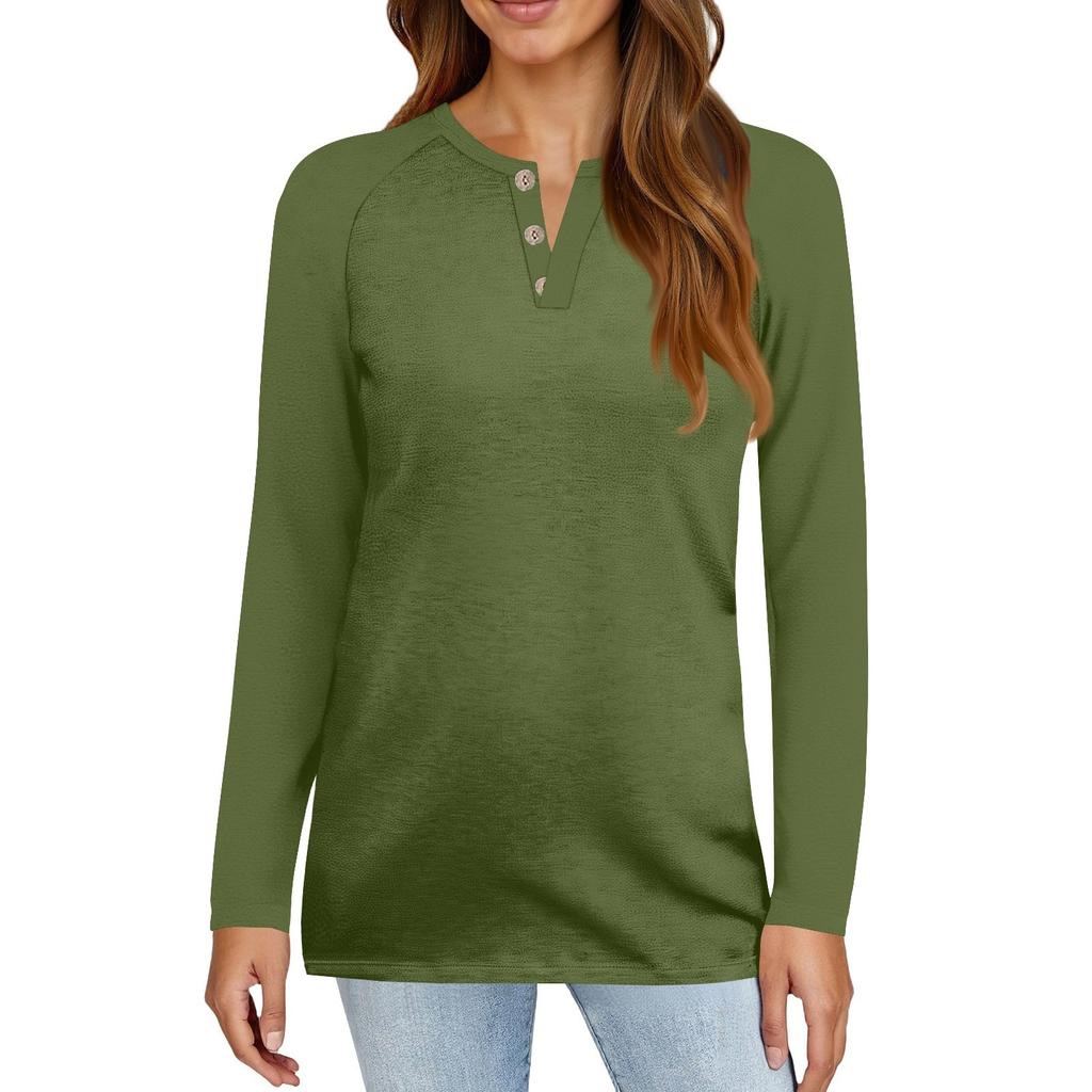 Women's T Shirt Solid Color Button Long Sleeve Daily Weekend Fashion Basic V- Neck Regular Top