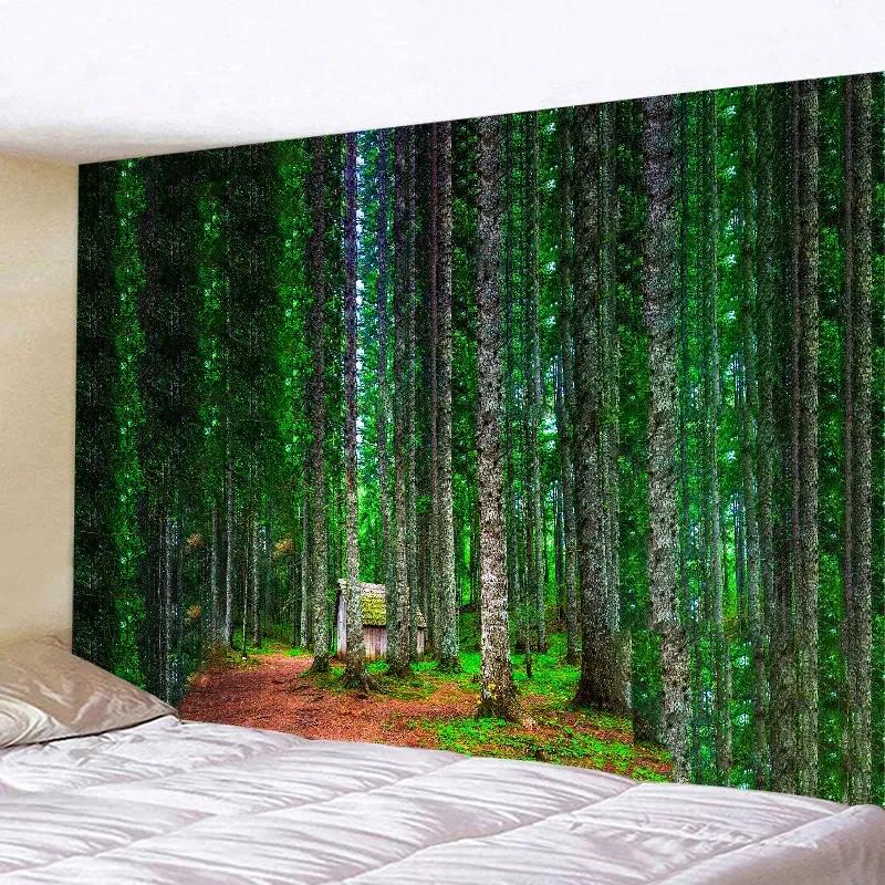 Large wall tapestry of natural forest chalet by the lake, hippie landscape art for home decoration, bohemian wall pendant inspired by nature