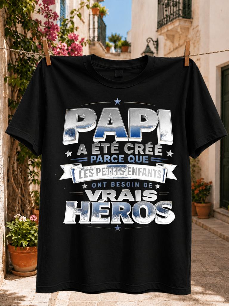 Papi a Ete Cree French Grandpa Hero with Silver Blue Typography Stars and Banner Style Accents Unisex All TShirt