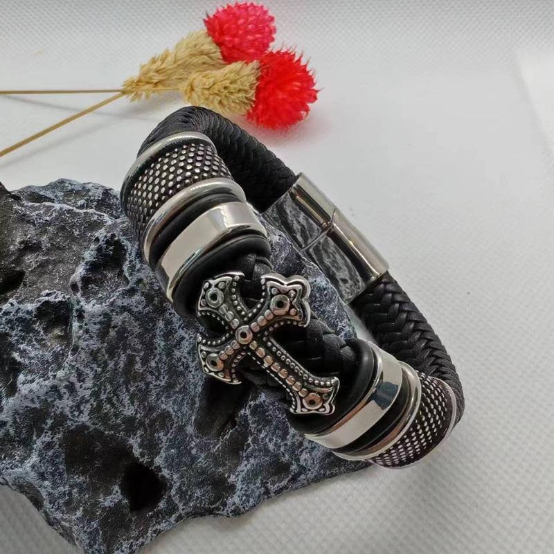 Meier Hot Sale Cross Leather Bracelet, Men Handmade Braided Rope Bangle with Magnetic Clasp