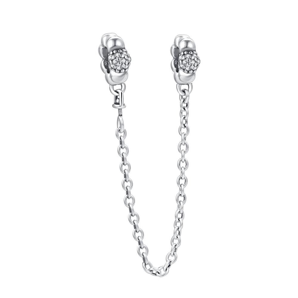 Shining Sparkling Love Heart Safety Chain Charms for Original 925 Charms Bracelet Bangle Silver Charm Bead for Women Jewelry