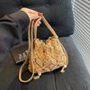 Kleine Eimer-Handtasche im frischen Stil, durchbrochen, mit Kordelzug, Umhängetasche, gewebte Strandtasche, für den Freizeitgebrauch
