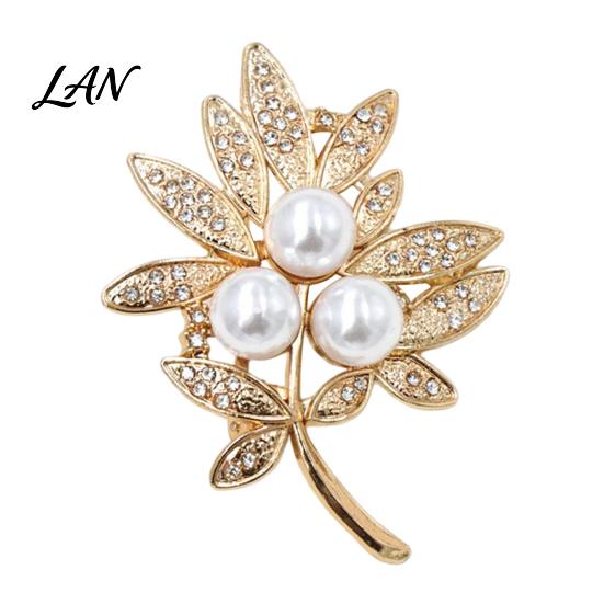 Secure Clasp Brooch Vintage Rhinestone Leaf Brooch, Faux Pearl Leaves Lapel Pin, Sweater Decorative Pin Cardigan Coat Suit Scarf Decoration,