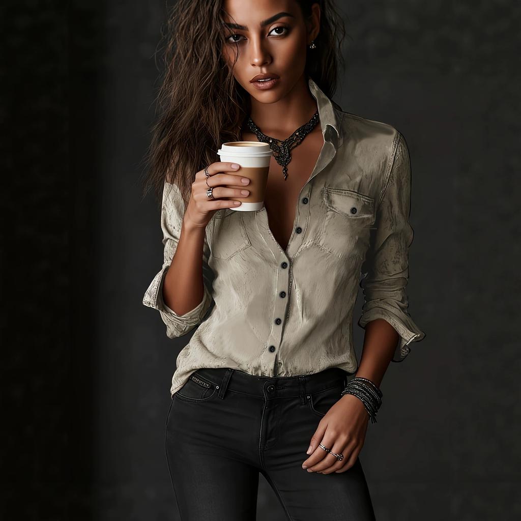 Women's Long Sleeve Shirt with Open Collar and Side Pockets In Khaki