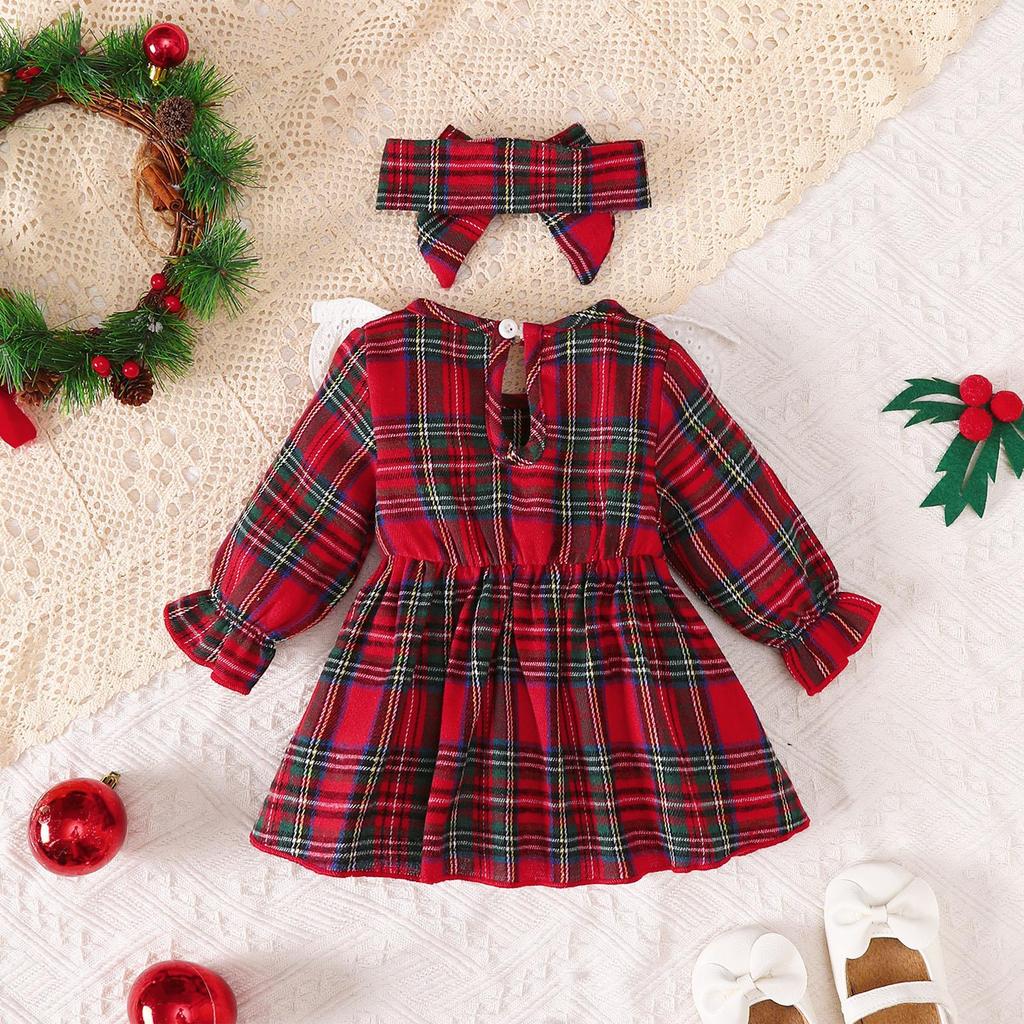 0-18 Mesi Bimba Natale 2 Pezzi Set Vestito a Manica Lunga a Quadri Rossi Fascia con Pizzo e Volant Autunno Abito Principessa Neonato Completo