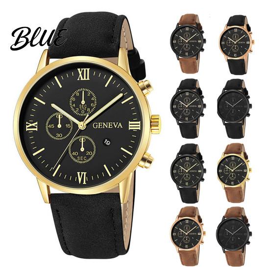 Men Wrist Watch Calendar Faux Pointer Display Dial Precise Quartz Round Shockproof Scratch-resistant Leather Strap