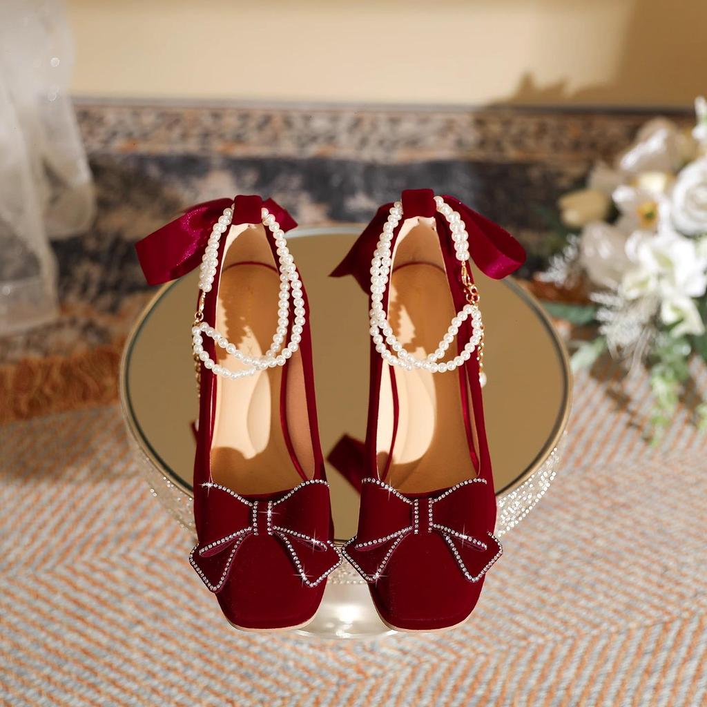 Show He Women's Bridal Mary Jane Red Chunky Heel Shoes for Petite Brides and Pregnant Women, Perfect for Chinese Wedding Toasts