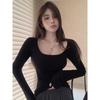 Sexy U-neck White T-shirt with Sexy Collarbone Exposed, Female Spring and Autumn Hot Girl Tight Inner Top with Long Sleeve Base Shirt