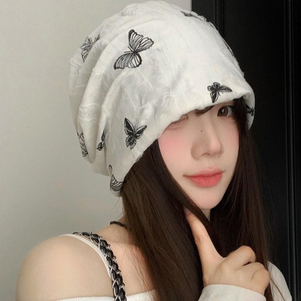 Holes Butterfly Print Beanies Coldproof Plush Pullover Hat Fashion Fleece Beanies  Autumn