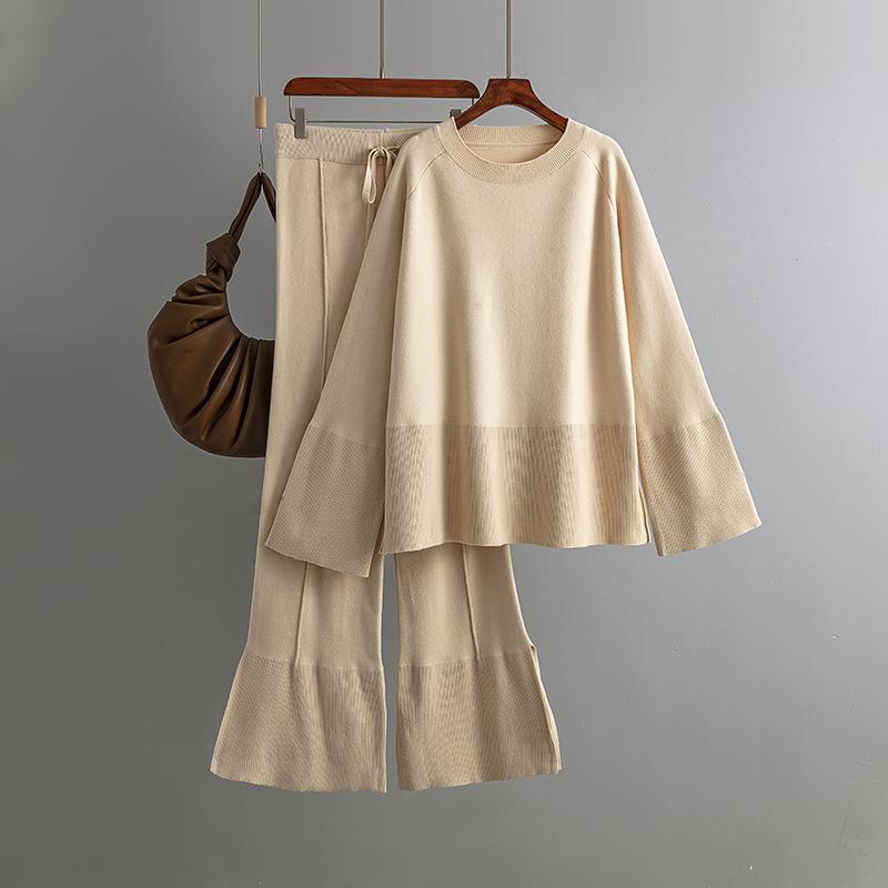 Loose Knit Sweater Suit Autumn Winter Women Horn Sleeve Round Collar Slit Two Piece Sets