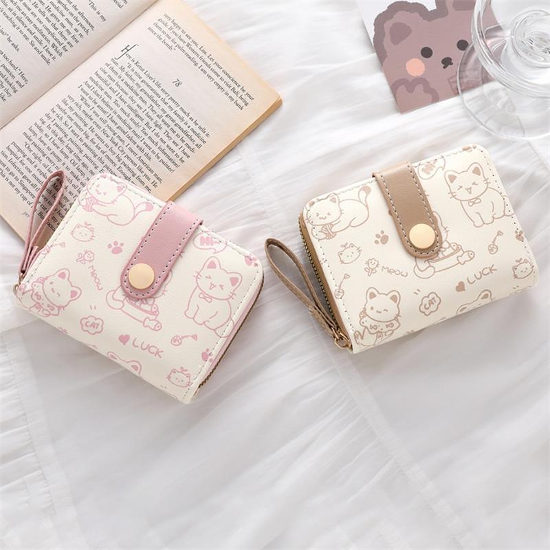 Niedliche Katze PU Leder Geldbörse Damen Kurze Geldbörse Faltbare Reißverschlussgeldbörse Ausweishalter Reise Leichtgewicht Bargeld Münztaschen