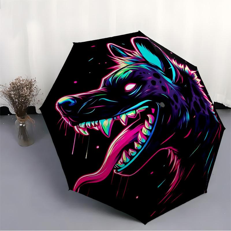 1 Stück Neon Wolf Automatisches Öffnen/Schließen Freizeit Cooler Regenschirm mit Winddichtem, Funktionalem Design, 8-Speichen Robuster Schirm