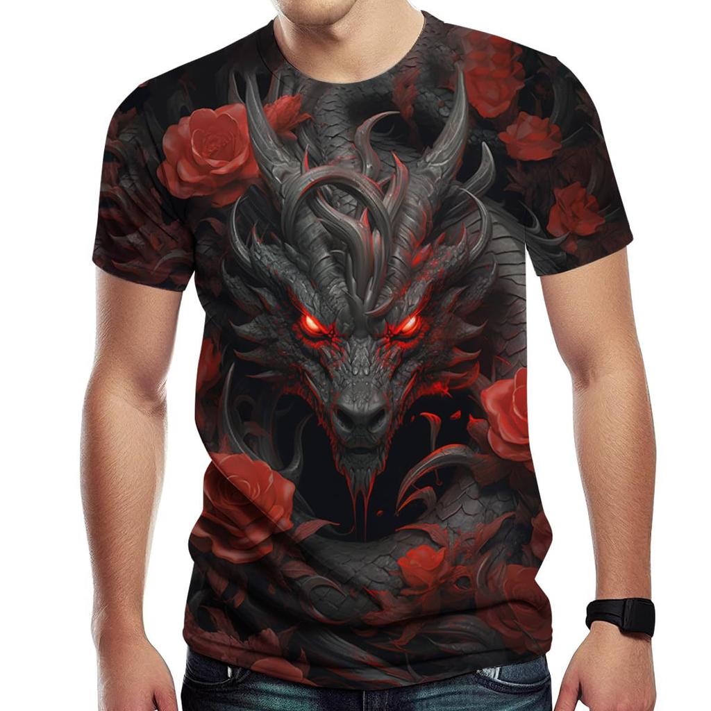 Summer Round Neck 3D Dragon Pattern Print Top Fashionable Casual Short Sleeved Men's T-shirts