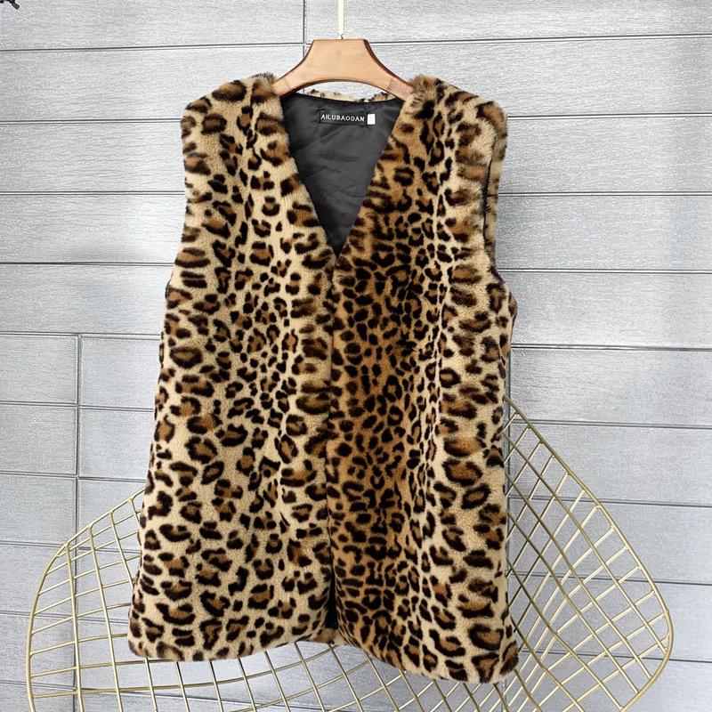 Leopard Print Faux Fur Winter Vest - Women's Mid-Length Soft Warm Coat
