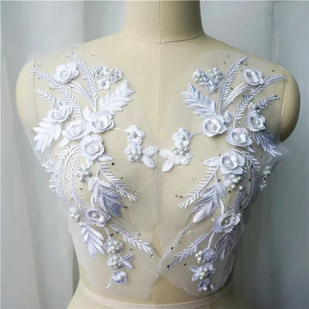 Appliques Sew White Black Wedding Gown Appliques 3D Flower Tassel Beads Lace Appliques Sew Patch белый