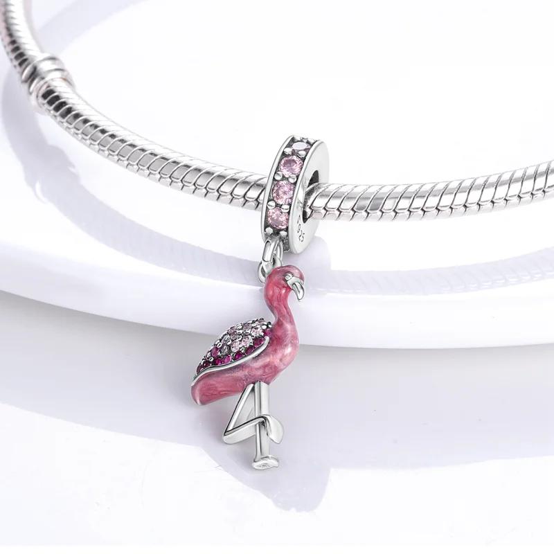 Charm Plata Dreamy Pink Flamingo Animal Bead Fits Genuine Bracelet Charm For Women Jewellery DoItYourself Crafting Beautiful Gift