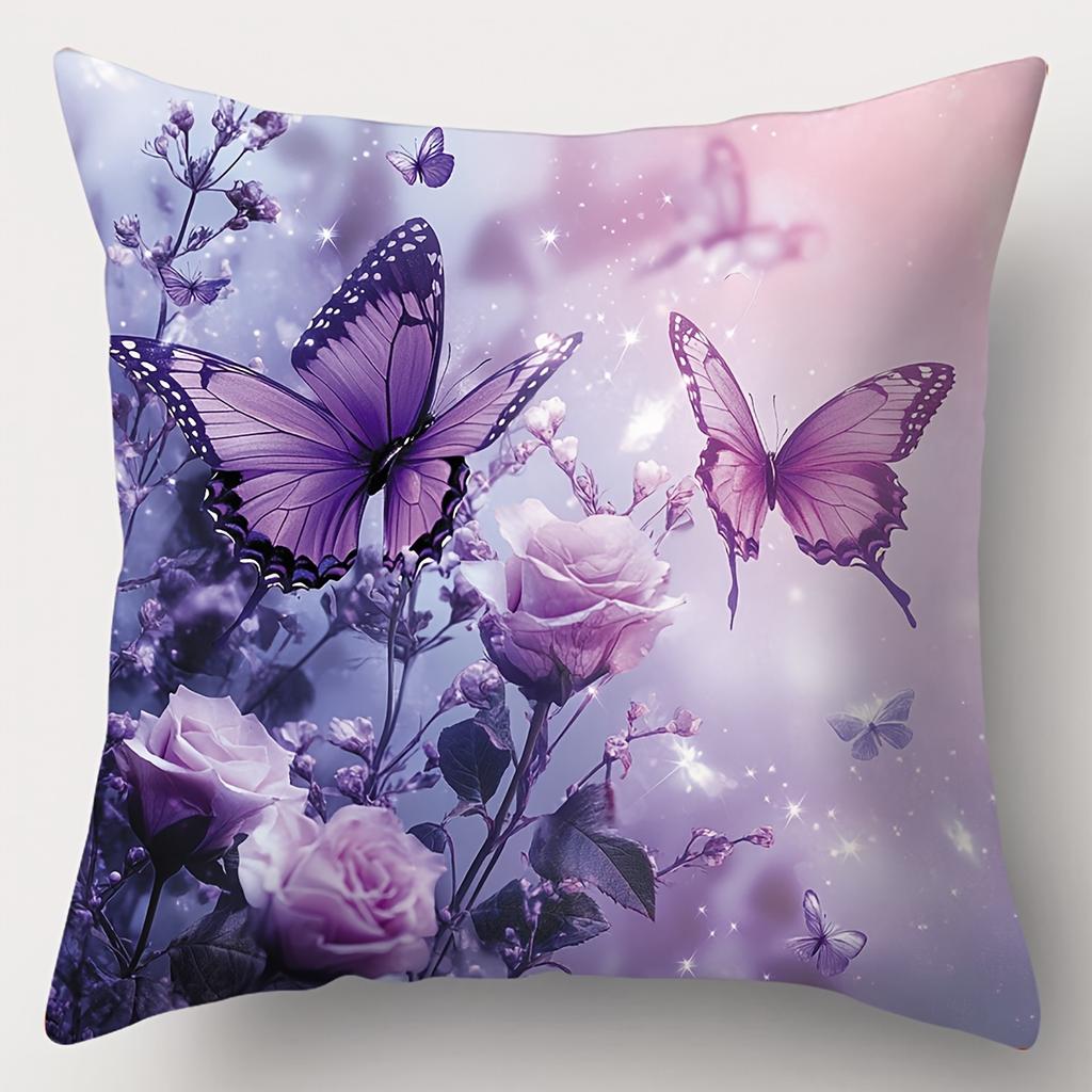 Purple Butterflies And Pink Roses Printed Cushion Covers Polyester pillowcase, sofa decorative cushion cov Headboard Pillow