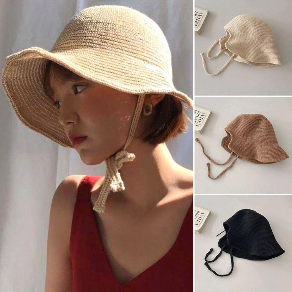 Summer Travel Wide Brim Straw Sun Hat Foldable Breathable Bucket Cap Cute Strap Beach Sun Cap For Women Female