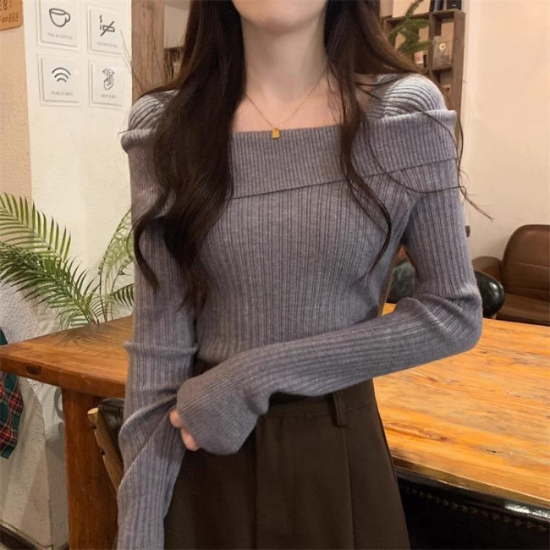 One-word Shoulder Sweater High-end Knitted Bottoming Shirt for Women's Autumn and Winter with High Waist Off-the-shoulder Long-sleeved Autumn Top