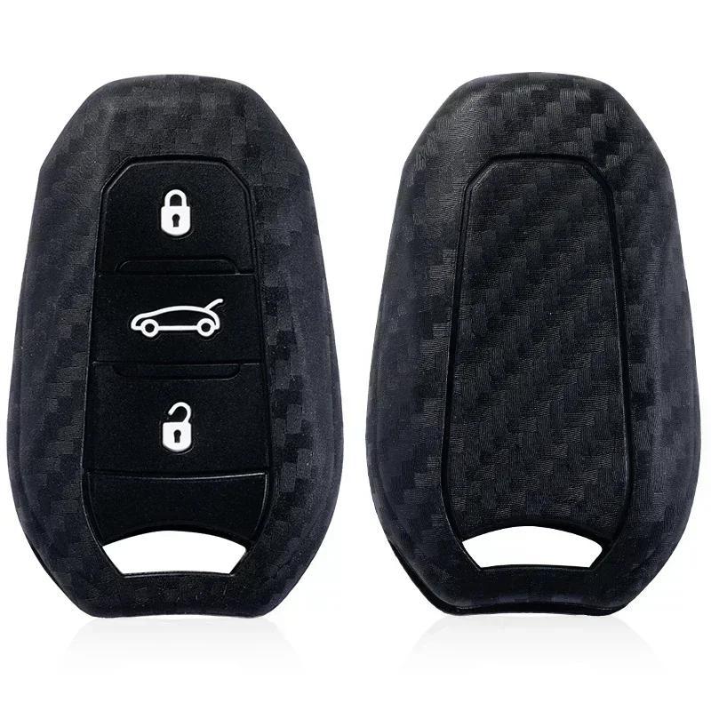 Silicone Carbon Fiber Print Car Key Case Cover For Peugeot 208 2008 308 3008 508 408 307 4008 Citroen C3 C4 C5 C6 C8 Keychain