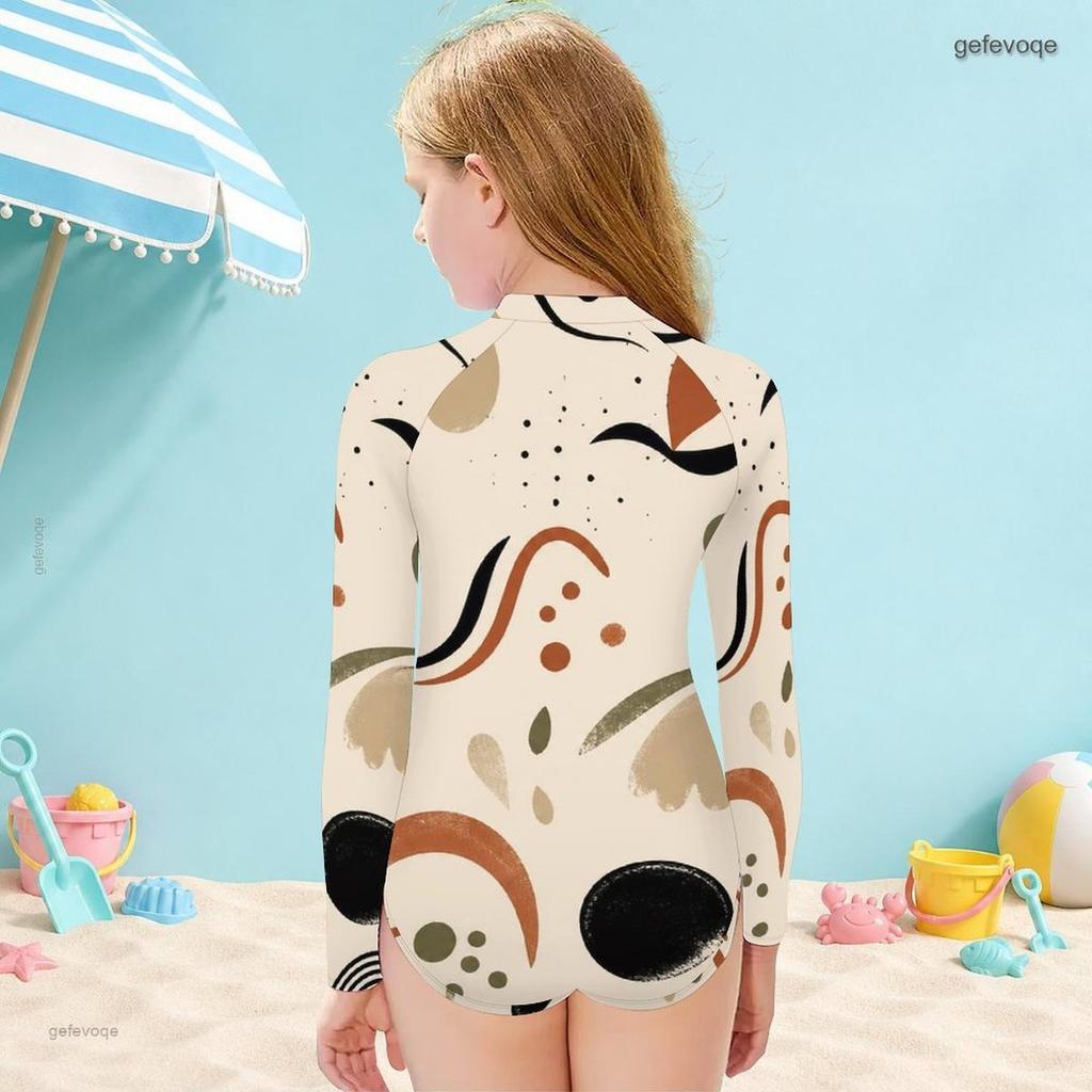 Girls Cream White High Neck Long Sleeve Front Zip Floral Printed One Piece Swimsuit