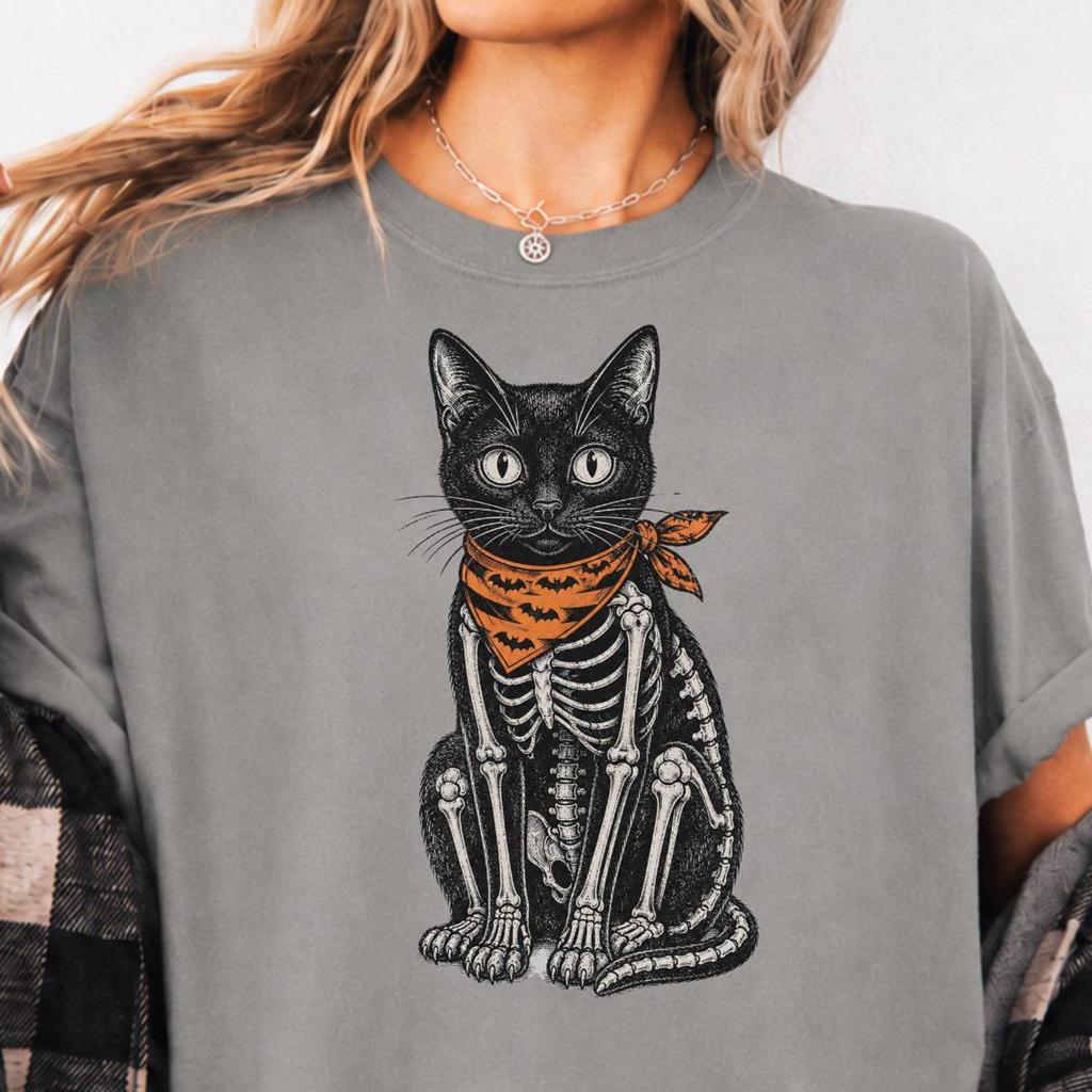Skeleton Cat Halloween Shirt, Gothic Cat Lover Gift, Spooky Cat Shirt, Vintage Halloween Animal Shirt, Macabre Nature Tee