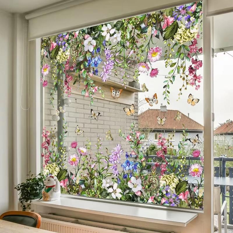 Floral Butterfly Window Static Cling 1/2 Sheets Wildflower Pattern Sticker for Birthday Party Window Decoration
