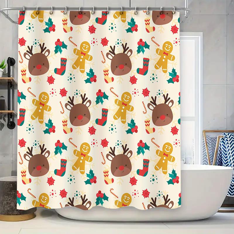 

Christmas Shower Curtain Festive Gingerbread Man Reindeer Pattern In Red, Green, Yellow White For Bathroom Decor Waterproof Fabr W60H190(CM)-1 Pcs