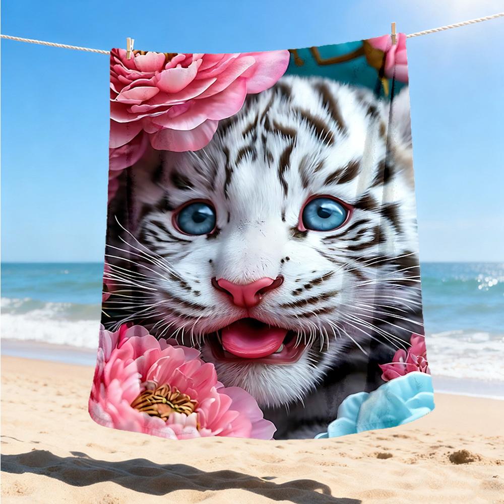 1pc Tiger Flowers Throw Blanket Polyester Fiber, Lightweight Flannel, Soft & Warm, All Season Use for Outdoor, Camping Digital Print