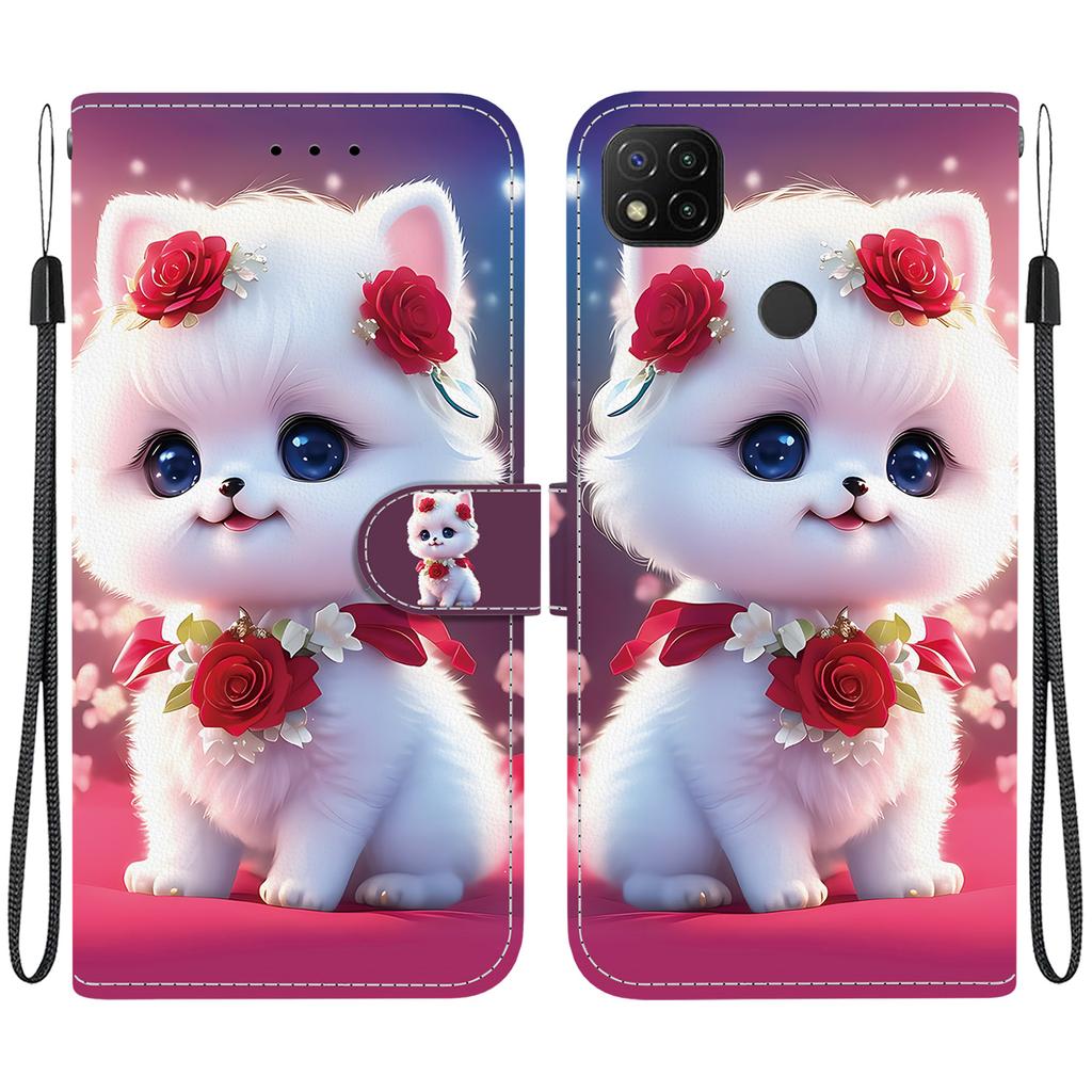 Handgefertigte PU-Leder-Klapphülle für Redmi 9C / Redmi 9 Activ / Xiaomi Poco C31 Rutschfeste Stoßfeste Hülle mit Handschlaufe & Herz/Rose Katze Designs