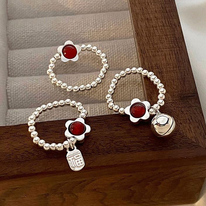PONYKISS Sterling Silver Agate Flower Bell Bead Elastic Rope Rings for Women Cute Fine Minimalist Accessories
