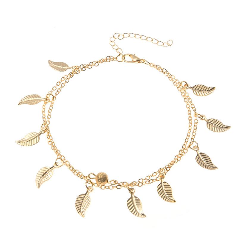 Hot Sale, Beach Women's Double-Layer Retro Foot Accessories, Tassel Leaf Anklets