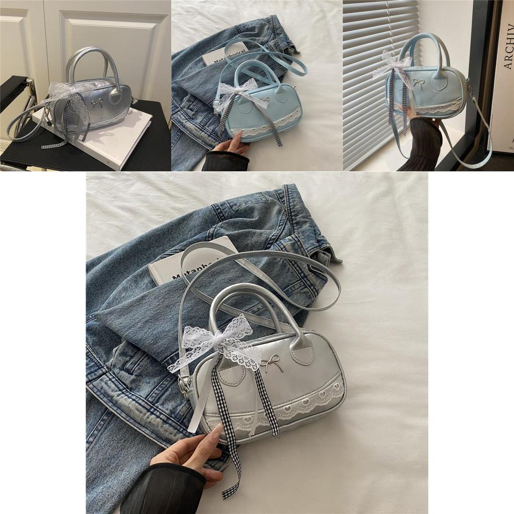 Simple Solid Color Silver Bow And Lace Decoration Women Casual Shoulder Bag For Daily Use